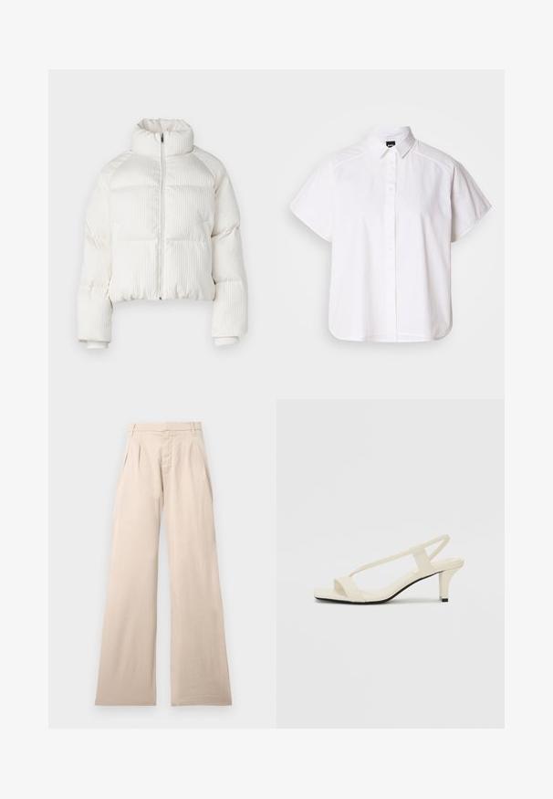 Balta piegriezta pūkaina jaka ar vertikālu ribotu tekstūru, augstu apkakli, priekšējo rāvējslēdzēju un elastīgām piedurknēm. Iekļauj sānu kabatas.; Balta īsajām piedurknēm krekls ar pogām un norādītu apkakli, kā arī viļņotu apakšmalu. Izgatavots no kokvilnas ar gludu tekstūru un bez redzamām rakstām.; Bežīgas plašas bikses, kas izgatavotas no kokvilnas, ar krokām priekšā un gludu tekstūru. Dizainā ir standarta josta un nav redzama raksta.; Beige bloku papēžu sandales ar plānām siksnām un kvadrāta formas purngalu. Gluda materiāla virsma ar minimālām detaļām, paredzētas ērtai nēsāšanai.