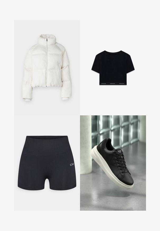 Giacca puffer corta bianca con texture a righe verticali, collo alto, chiusura frontale con zip e polsini elasticizzati. Dotata di tasche laterali.; T-shirt cropped nera in morbido tessuto con maniche corte e scollatura rotonda. Presenta una banda con logo all'orlo con la scritta "GUESS JEANS" in bianco.; Shorts neri attillati realizzati in materiale elasticizzato, con una cintura ampia e un discreto logo laterale. Texture superficiale liscia.; Sneaker nera bassa di Guess con suola bianca, lacci e branding sui lati e sul linguetto, esposta su uno sfondo di parete a blocchi di vetro.