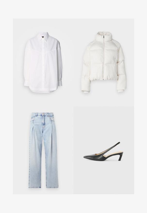 Biely skrátený puffa kabát s vertikálnym ryhovaným vzorom, vysokým golierom, predným zipom a elastickými manžetami. Obsahuje bočné vrecká.; Biela košeľa s dlhým rukávom vyrobená z bavlny, so zapínaním na gombíky a voľným strihom, ktorý má jemné detaily prešívania.; Svetlomodré džínsy s vysokým pásom, širším strihom po celej dĺžke, dvoma bočnými vreckami a skladaným dizajnom. Mäkka textúra s vyblednutým vzhľadom.; Čierne slingback topánky s ostrou špičkou a nízkym opätkom, vyrobené z hladkej kože a s výrezmi na boku pre lepšiu priedušnosť.
