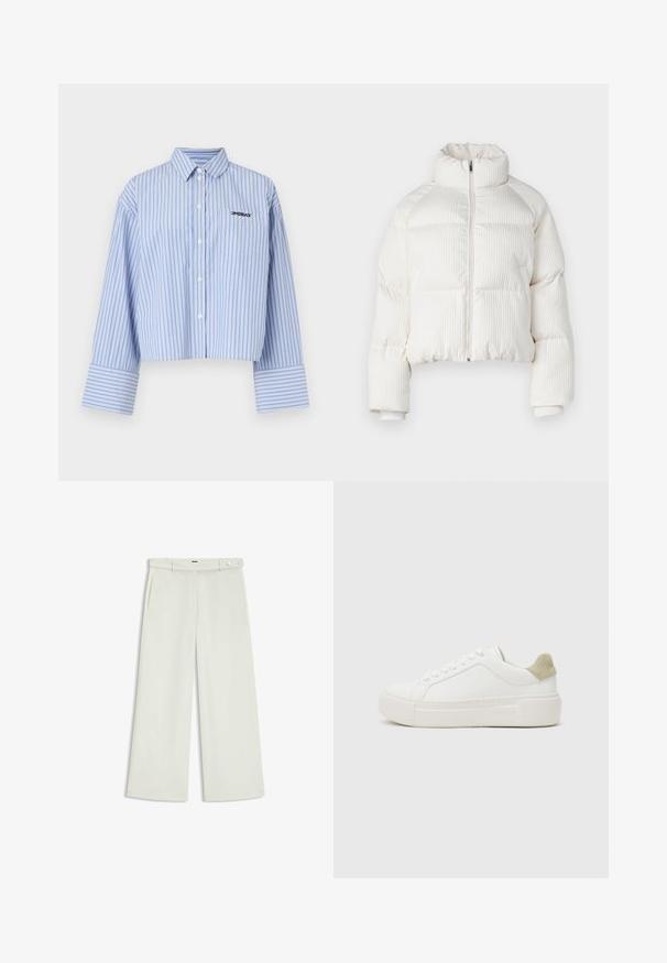 Hvid cropped pufferjakke med vertikal ribbet tekstur, høj krave, lynlås lukning foran og elastiske manchetter. Har sidelommer.; Afskåret skjorte med knap i lyseblå med hvide lodrette striber, udstyret med en lomme og logo på brystet, lavet af et glat stof.; Bredde bukser i lys cremefarvet stof, med sidelommer, flad front og en enkelt knaplukning i taljen. Glat tekstur.; Hvide sneakers med en glat læderoverdel, lysegrå ruskindsdetalje på hælen og en kraftig hvid gummisål. Har snørelukning.