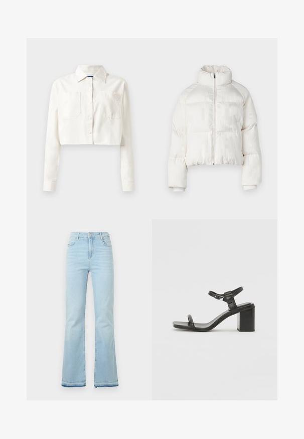 Bijela skraćena puffer jakna s vertikalnom rebrastom teksturom, visokim ovratnikom, prednjim zatvaranjem na zip i elastičnim manžetama. Ima bočne dzepove.; Skraćena bijela košulja od pamuka, s dugim rukavima, oštrim ovratnikom, dva prednja džepa i srcem logotipom na lijevom džepu.; Svijetloplave traperice s širim nogavicama, visokog struka, s prednjim džepovima i sirovim rubom na manžetama za ležeran izgled.; Crne kožne sandale s blok petom, širokom trakom preko prstiju i podesivom trakicom oko gležnja, s elegantnim, minimalističkim dizajnom.