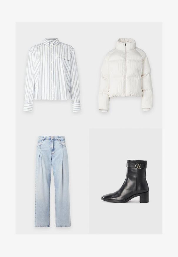 Veste courte en duvet blanche avec texture côtelée verticale, col haut, fermeture éclair à l'avant et poignets élastiques. Comprend des poches latérales.; GANT Chemisier - eggshell; Jeans en denim bleu clair avec taille haute, coupe large, deux poches latérales et design plissé. Texture douce avec une finition décolorée.; Botte de cheville en cuir noir avec un bout pointu, un talon carré et une sangle avec un détail de logo métallique. Texture lisse et design minimaliste.