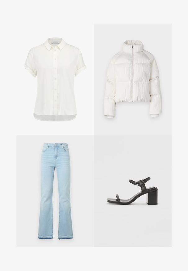 Hvid cropped pufferjakke med vertikal ribbet tekstur, høj krave, lynlås lukning foran og elastiske manchetter. Har sidelommer.; Hvid kortærmet bluse lavet af letvægtsstof, har knaplukning foran, krave og opretstående manchetter med en let buet kant.; Lyseblå flagrende jeans lavet af denim, med høj talje, forlommer og rå kant ved sømmene for et afslappet look.; Sorte lædersandaler med blokhæle, brede stropper over tåen og justerbar ankelrem, der har et slankt, minimalistisk design.