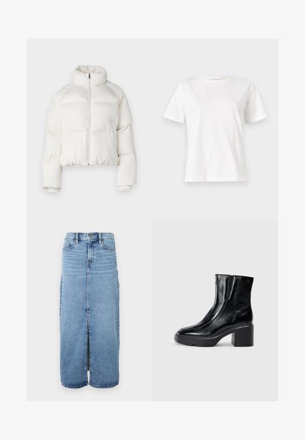 Balta piegriezta pūkaina jaka ar vertikālu ribotu tekstūru, augstu apkakli, priekšējo rāvējslēdzēju un elastīgām piedurknēm. Iekļauj sānu kabatas.; Baltas kokvilnas T-krekls ar īsām piedurknēm, apaļu kakla izgriezumu un brīvu piegriezumu. Gluda tekstūra, bez rakstiem vai akcentiem, minimālistisks dizains.; Gaišzils denimu maksi svārki ar priekšējo izgriezumu, pogu aizdari un piecām kabatām. Iezīmē klasisku šuvju dizainu un taisnu griezumu.; Melnas lakotas ādas potītes zābaki ar izliekto purngalu, elastīgām sānu paneļiem un masīvu blokveida papēdi. Aizmugurē ir izsistā logo.