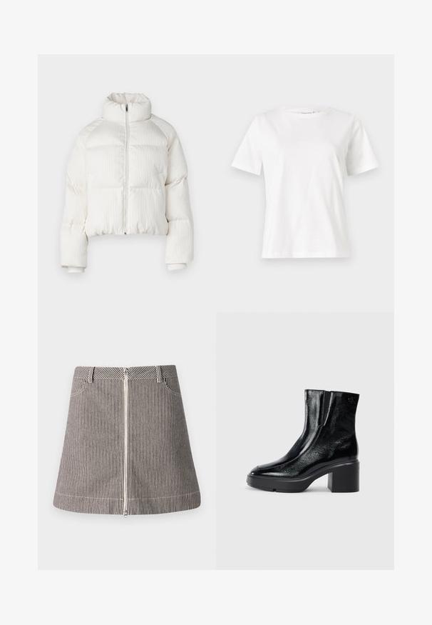 White cropped puffer jacket with vertical ribbed texture, high collar, front zip closure, and elastic cuffs. Features side pockets.; White cotton t-shirt with short sleeves, round neckline, and a relaxed fit. Smooth texture, no patterns or accents, minimalistic design.; Striped denim skirt featuring a front zipper, pockets, and a flared shape, in black and white with contrasting stitching details.; Black patent leather ankle boots with a curved toe, elastic side panels, and a chunky block heel. Features embossed logo on the back.