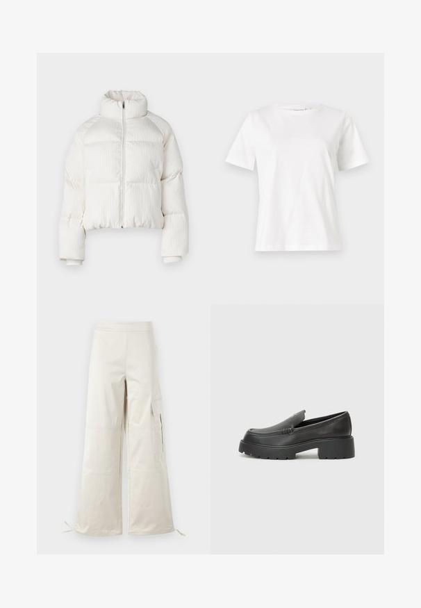 Biely skrátený puffa kabát s vertikálnym ryhovaným vzorom, vysokým golierom, predným zipom a elastickými manžetami. Obsahuje bočné vrecká.; Biela bavlnená tričko s krátkymi rukávmi, okrúhlym výstrihom a voľným strihom. Hladká textúra, bez vzorov alebo akcentov, minimalistický dizajn.; Béžové široké nohavice vyrobené z ľahkého materiálu, s cargo vreckami a nastaviteľnými viazaniami na spodnom okraji pre prispôsobiteľnú veľkosť.; Čierne kožené mokasíny s okrúhlou špičkou, hrubou textúrovanou podrážkou a minimom stehovej výzdoby. Štíhly dizajn bez viditeľných šnúr alebo kovania.
