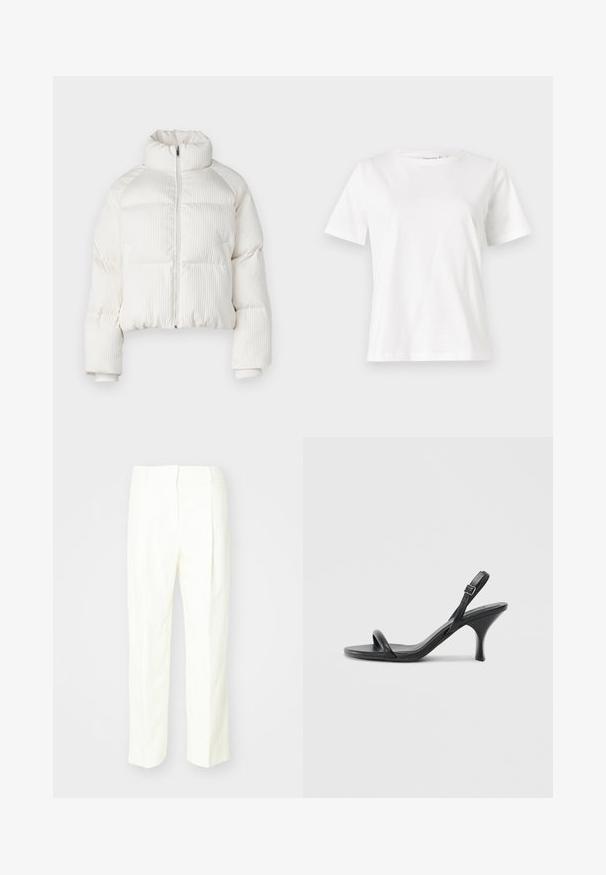 Veste courte en duvet blanche avec texture côtelée verticale, col haut, fermeture éclair à l'avant et poignets élastiques. Comprend des poches latérales.; T-shirt en coton blanc à manches courtes, col rond et coupe décontractée. Texture lisse, sans motifs ni accents, design minimaliste.; Pantalon blanc sur mesure, avec un design à jambe droite, un tissu texturé, des plis à l'avant et une taille plate avec passants de ceinture.; Sandales à talons hauts en cuir noir avec un talon fin et courbé et un design de brides croisées. Bride de cheville réglable. Texture lisse.