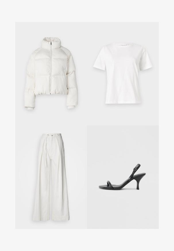 Fehér, rövidített puffermellény függőleges bordás textúrával, magas gallérral, elöl cipzárral, és elasztikus mandzsettákkal. Oldalsó zsebekkel rendelkezik.; Fehér pamut póló rövid ujjakkal, kerek nyakkivágással és laza szabással. Sima textúra, nincsenek minták vagy díszítések, minimalista dizájn.; Fehér, bő szárú nadrág könnyű anyagból. Elülső övhurkokkal, hosszú kötőövvel és finom redőkkel rendelkezik a laza illeszkedés érdekében.; Fekete bőrből készült, magassarkú szandál, vékony, ívelt sarokkal és keresztben átkötött pántokkal. Állítható bokapánt. Sima felület.