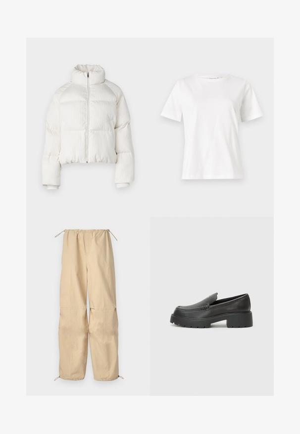Weißer, gekürzter Pufferjacke mit vertikaler gerippter Textur, hohem Kragen, Frontreißverschluss und elastischen Bündchen. Mit seitlichen Taschen.; Weißes Baumwoll-T-Shirt mit kurzen Ärmeln, Rundhalsausschnitt und lockerer Passform. Glatte Textur, keine Muster oder Akzente, minimalistisches Design.; Beige, leichte Hose mit einem Bündchen aus Kordelzug und verstellbaren Säumen. Glatte Textur, lockere Passform, keine sichtbaren Muster oder Beschläge.; Schwarze Lederloafer mit einer abgerundeten Spitze, dicker strukturierten Laufsohle und minimalen Nähten. Schlankes Design ohne sichtbare Schnürsenkel oder Beschläge.