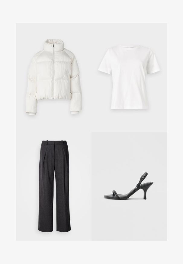 Bela skrajšana puhovka z vertikalno rebrasto teksturo, visokim ovratnikom, sprednjim zadrgo ter elastičnimi manšetami. Ima stranske žepe.; Bela bombažna majica s kratkimi rokavi, okroglo izrezana in ohlapnega kroja. Gladka tekstura, brez vzorcev ali dodatkov, minimalističen dizajn.; Temno sivi široki hlače iz strukturirane tkanine, z sprednjimi naborki in klasičnim dizajnom pasu. Brez vidnih žepov.; Črne usnjene visoke sandale s tankim, ukrivljenim petam in obliko križanih trakov. Nastavljiv trak okoli gležnja. Gladka tekstura.