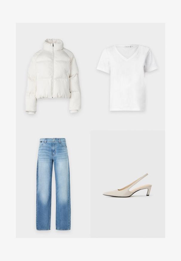White cropped puffer jacket with vertical ribbed texture, high collar, front zip closure, and elastic cuffs. Features side pockets.; White short-sleeve V-neck t-shirt made of cotton, featuring a soft texture and a classic fit. Label visible at the neckline.; Light blue wide-leg jeans made of denim, featuring a high waist, five-pocket design, and slight fading for a casual look.; Pointed-toe slingback shoe in beige leather, featuring a cutout design, 5 cm block heel, and a smooth texture. Black sole accents.