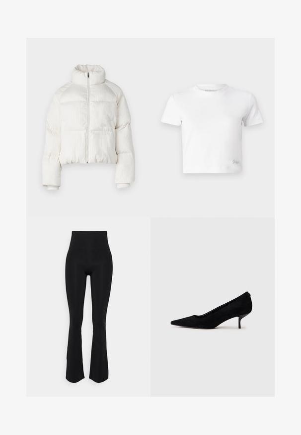 Casaco puffer cropped branco com textura ribateada vertical, gola alta, fecho frontal com zip e punhos elásticos. Apresenta bolsos laterais.; T-shirt cropped branco feito de algodão suave, com um decote alto e mangas curtas. Pequeno logótipo bordado no canto inferior.; Leggings pretos de cintura alta e flare feitos de tecido elástico, com uma textura suave e um ajuste justo nas coxas, apresentando uma ligeira abertura à bainha.; Sapato de salto alto em camurça preta com bico afunilado e salto baixo e fino. Textura suave com um design elegante, apresentando nenhum hardware visível.