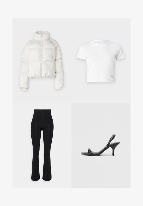 Casaco puffer cropped branco com textura ribateada vertical, gola alta, fecho frontal com zip e punhos elásticos. Apresenta bolsos laterais.; T-shirt cropped branco feito de algodão suave, com um decote alto e mangas curtas. Pequeno logótipo bordado no canto inferior.; Leggings pretos de cintura alta e flare feitos de tecido elástico, com uma textura suave e um ajuste justo nas coxas, apresentando uma ligeira abertura à bainha.; Sandálias de salto alto em couro preto com um salto curvado e fino e um design de tiras cruzadas. Correia ajustável no tornozelo. Textura suave.