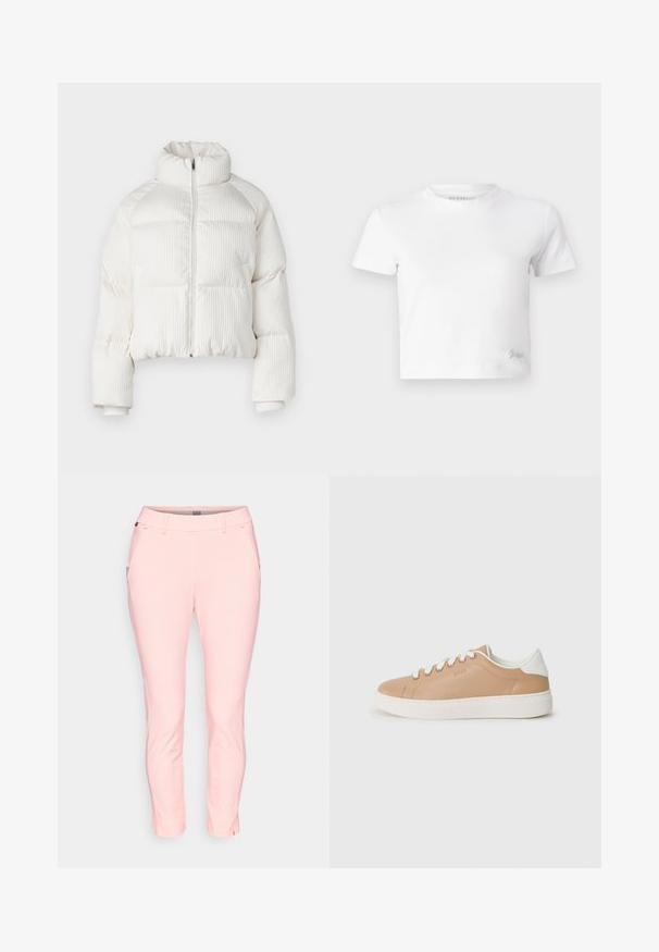 Bijela skraćena puffer jakna s vertikalnom rebrastom teksturom, visokim ovratnikom, prednjim zatvaranjem na zip i elastičnim manžetama. Ima bočne dzepove.; Bijela skraćena majica izrađena od glatkog pamuka, s visokim izrezom i kratkim rukavima. Mali izvezeni logo u donjem kutu.; Ružičaste karirane hlače s prilagođenim krojem, opremljene bočnim džepovima i podesivim rubom. Glatka tkanina s suptilnim sjajem.; Bež kožne tenisice s bijelim detaljima, okrugli vrh, ravni potplat i kontrastni šavovi. Uže za vezivanje s šest rupica.