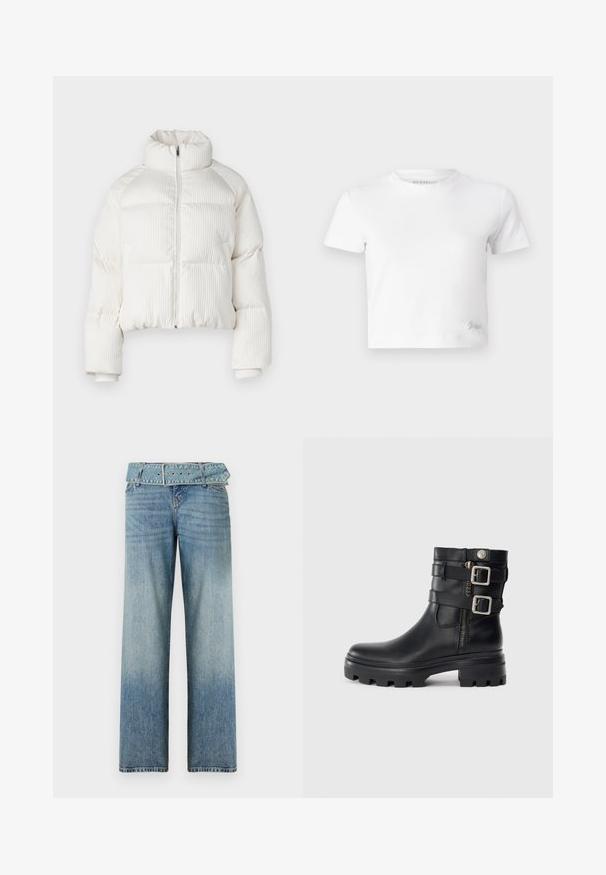 Casaco puffer cropped branco com textura ribateada vertical, gola alta, fecho frontal com zip e punhos elásticos. Apresenta bolsos laterais.; T-shirt cropped branco feito de algodão suave, com um decote alto e mangas curtas. Pequeno logótipo bordado no canto inferior.; Jeans de denim azul claro com um design de perna larga, apresentando uma cintura com cinto combinado e um desbotamento gradual de escuro para claro.; Botim de tornozelo em pele preta com detalhes de fivela dupla, fecho de zíper, sola espessa e textura lisa. Apresenta um design robusto e estiloso.