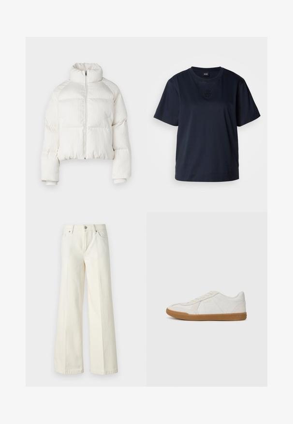 White cropped puffer jacket with vertical ribbed texture, high collar, front zip closure, and elastic cuffs. Features side pockets.; Navy blue short-sleeve t-shirt made of soft cotton. Features a rounded neckline and a subtle embroidered logo on the chest.; Wide-leg white jeans made from cotton blend fabric. Features a zipper fly, five-pocket design, and stitching along the seams.; White sneaker with a textured leather upper and a rubber gum sole. Features include a lace-up design and subtle brand detailing on the side.