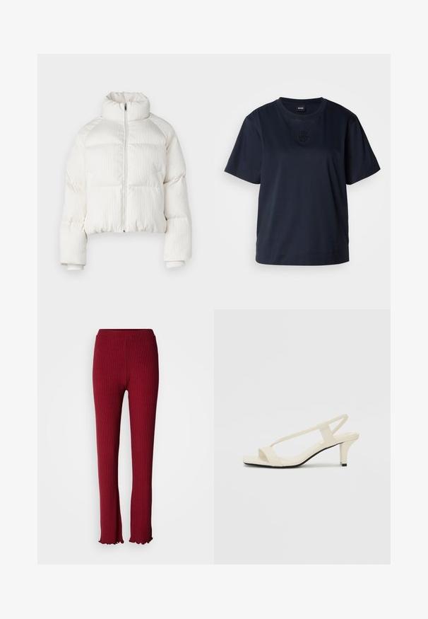 Valge lühikeste varrukatega puffjakker, millel on vertikaalne ribakujundus, kõrge krae, eesne lukuga kinnitus ja elastsed mansetid. Omab küljetaskuid.; Tumesinine lühikeste varrukatega T-särk, mis on valmistatud pehmest puuvillast. Omab ümmargust kaelust ja diskreetset tikandiga logo rinna piirkonnas.; Punased ribidega legginsid, millel on keha järgiv lõige, pehme tekstuur, laienev alläär ja mugav elastsest materjalist vöökoht.; Beez blok-kandadesed õhukeste rihmadega ja ruudukujulise varbaga. Sile materjal minimaalsete detailidega, kujundatud mugavaks kandmiseks.