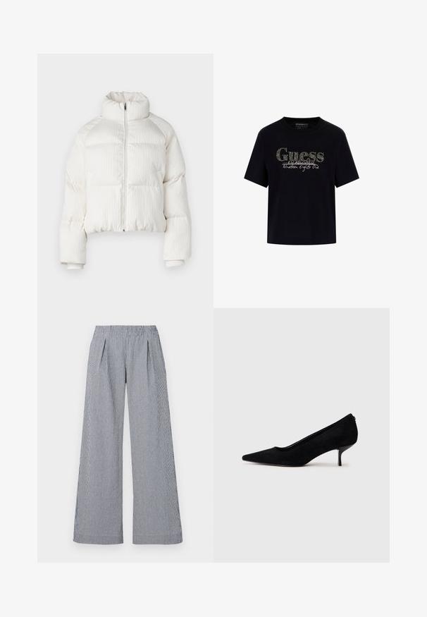 Weißer, gekürzter Pufferjacke mit vertikaler gerippter Textur, hohem Kragen, Frontreißverschluss und elastischen Bündchen. Mit seitlichen Taschen.; Schwarzes Baumwoll-T-Shirt mit rundem Halsausschnitt und kurzen Ärmeln. Besitzt ein glitzerndes "Guess"-Logo und den Text "Established Nineteen Eighty One".; Weite Hosen aus navy- und weiß gestreiftem Stoff. Mit einem elastischen Taillenbund und zwei vorderen Falten für zusätzliche Details.; Schwarzer Wildleder-High-Heel-Schuh mit spitzem Zeh und slim, niedrigem Absatz. Glatte Textur mit elegantem Design, ohne sichtbare Beschläge.