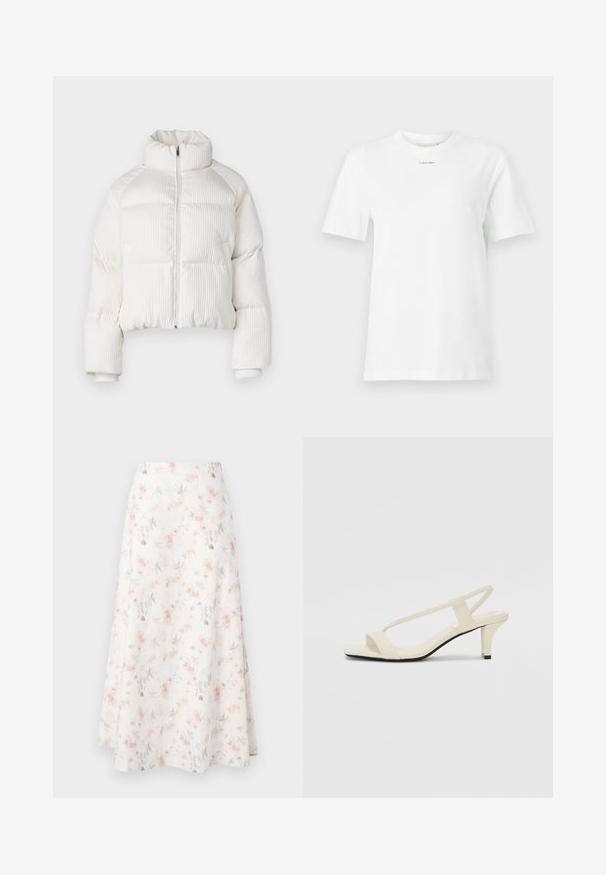 Bílá zkrácená péřovka s vertikálním žebrovaným texturou, vysokým límcem, předním zipem a elastickými manžetami. Má boční kapsy.; Bílý bavlněný tričko má kulatý výstřih, krátké rukávy a malé černé logo "Calvin Klein" na hrudi. Jednoduchý design, bez vzorů.; Květinová midi sukně z bílé látky, s akvarelovým vzorem růžových a šedých květin, rozšířený střih a hladká textura.; Krémové sandály na bloku s tenkými popruhy a čtveratou špičkou. Hladký materiál s minimálními detaily, navržené pro snadné nošení.