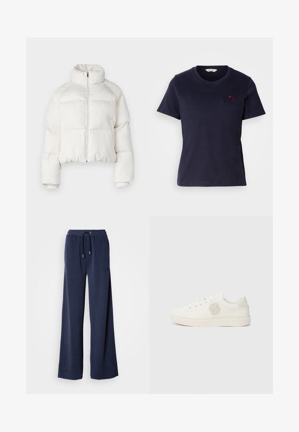 Balta piegriezta pūkaina jaka ar vertikālu ribotu tekstūru, augstu apkakli, priekšējo rāvējslēdzēju un elastīgām piedurknēm. Iekļauj sānu kabatas.; Zilnavs kokvilnas T-krekls ar V veida kakla izgriezumu, īsām piedurknēm un mazu bordo izšūtu logotipu krūtīs. Mīksta tekstūra.; Jūras spēku plaša kāju bikses, izgatavotas no mīksta auduma, ar elastīgu jostu, virvīti un logo detaļu kreisajā priekšējā pusē.; Baltie apavi ar gludo ādas augšu, noapaļota purngala, plakaniem auklām un teksturētu logotipa uzlīmi sānos. Gumijas zole ar minimālu profilu.