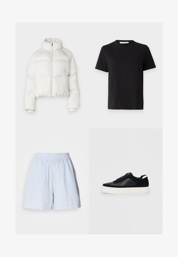 Veste courte en duvet blanche avec texture côtelée verticale, col haut, fermeture éclair à l'avant et poignets élastiques. Comprend des poches latérales.; T-shirt noir à manches courtes en coton doux, avec un col rond, une coupe décontractée et une texture lisse. Pas de motifs ni de graphiques visibles.; Shorts bleu clair avec des rayures verticales blanches et bleu foncé. Dotés d'une taille élastique et d'une coupe décontractée. Fabriqués en un matériau doux.; Sneaker noir avec des panneaux en cuir lisse et en daim, lacets plats, bout rond et semelle en caoutchouc blanche. Logo distinct au niveau du talon.