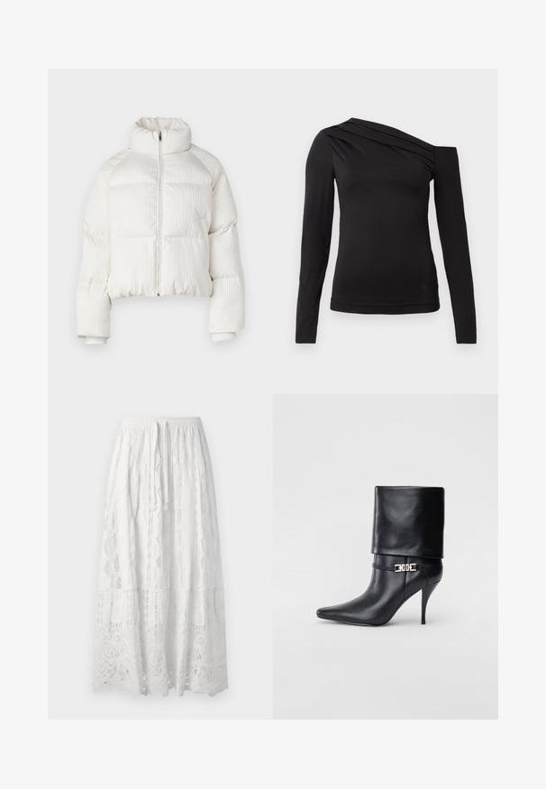 Casaco puffer cropped branco com textura ribateada vertical, gola alta, fecho frontal com zip e punhos elásticos. Apresenta bolsos laterais.; Camisa preta de mangas longas com um decote assimétrico, apresentando um ombro exposto e um drapeado suave pelo peito.; Saia midi de renda branca com cintura elástica, apresentando padrões geométricos intrincados e um design em camadas. Textura leve e arejada.; Bota de tornozelo em couro preto com bico fino, alto salto stiletto, punho dobrado e detalhe decorativo em fivela dourada no tornozelo.