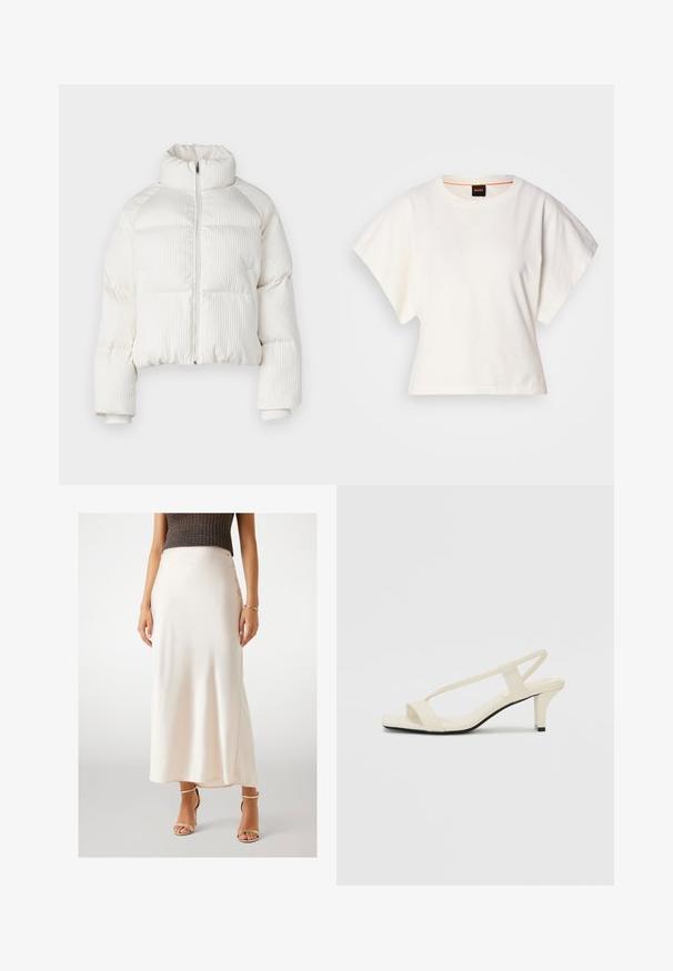 Hvid cropped pufferjakke med vertikal ribbet tekstur, høj krave, lynlås lukning foran og elastiske manchetter. Har sidelommer.; Hvid cropped T-shirt, korte brede ærmer, blødt bomuldsstof, rund halsudskæring med diskret orange kant, minimalistisk design uden mønstre eller grafik.; Cremefarvet satin maxi-nederdel med en glat tekstur, sidder ved taljen og har en sideslids, parret med gyldne strop sandaler med høje hæle.; Beige blokhælede sandaler med tynde remme og en firkantet tå. Glat materiale med minimal detaljering, designet til nem brug.