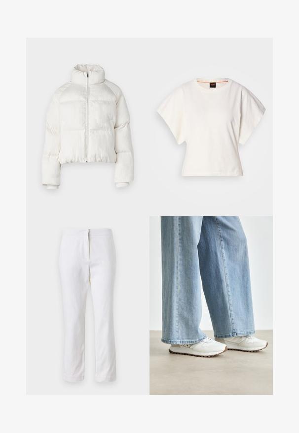 Weißer, gekürzter Pufferjacke mit vertikaler gerippter Textur, hohem Kragen, Frontreißverschluss und elastischen Bündchen. Mit seitlichen Taschen.; Weißes, kurzes T-Shirt, kurze weite Ärmel, weicher Baumwollstoff, runder Ausschnitt mit subtilen orangefarbenen Akzenten, minimales Design, keine Muster oder Grafiken.; Weiße Baumwollhose mit geradem Bein, mittelhoher Taille und ohne sichtbare Beschläge oder Muster. Glatte Textur auf der gesamten Fläche.; Weiße Sneakers mit strukturiertem Obermaterial und hellbrauner Gummisohle, kombiniert mit hellblauen weit geschnittenen Jeans mit fransigem Saum.