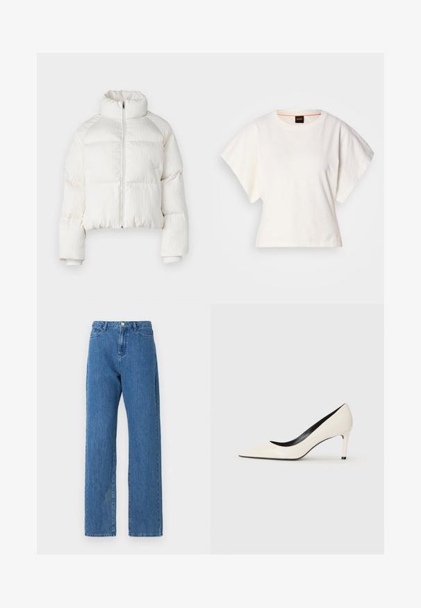 Bela skrajšana puhovka z vertikalno rebrasto teksturo, visokim ovratnikom, sprednjim zadrgo ter elastičnimi manšetami. Ima stranske žepe.; Bela skrajšana majica s kratkimi širokimi rokavi, mehka bombažna tkanina, okrogla ovratnica z diskretnim oranžnim robom, minimalističen dizajn, brez vzorcev ali grafike.; Svijetloplave traper hlače s visokim strukom, širokim nogavicama i klasičnim dizajnom s pet džepova. Tkanina ima suptilnu teksturu.; Bela lakirana visoka peta s uskim nosom, tankom petom in črnim notranjim detajlom. Gladka tekstura in eleganten dizajn.