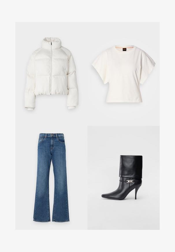 Jachetă puffer albă, scurtă, cu textură verticală și cordon înalt, închidere frontală cu fermoar și manșete elastice. Include buzunare laterale.; Tricou alb scurt, cu mâneci scurte și largi, din bumbac moale, cu decolteu rotund și un finisaj subtil portocaliu, design minimalist, fără modele sau grafice.; Jeans flared din denim albastru, cu talie înaltă, având cinci buzunare și închidere cu nasture. Tesătura are un finisaj ușor decolorat.; Botine negre din piele, cu vârf ascuțit, toc înalt și subțire, cu manșetă pliată și un detaliu decorativ cu cataramă aurie la gleznă.