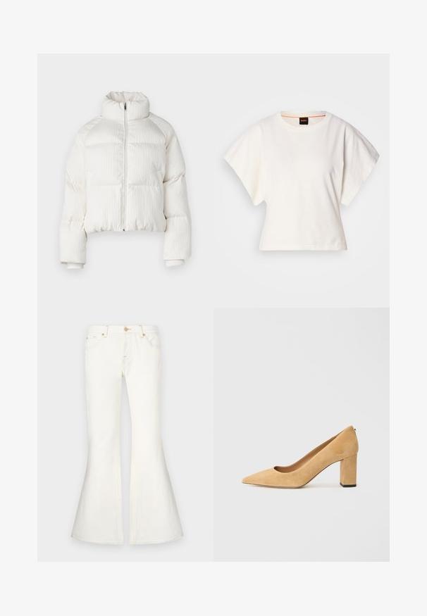 White cropped puffer jacket with vertical ribbed texture, high collar, front zip closure, and elastic cuffs. Features side pockets.; White cropped T-shirt, short wide sleeves, soft cotton material, round neckline with subtle orange trim, minimal design, no patterns or graphics.; White flared jeans with a high waist, made of denim. Features include topstitching and front pockets. Smooth texture with a structured design.; Beige suede high-heeled pump with a pointed toe and a chunky block heel. The material has a soft texture with a smooth finish.