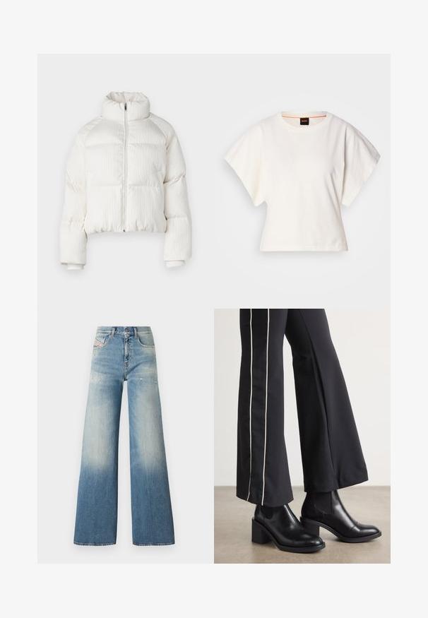 Bela skrajšana puhovka z vertikalno rebrasto teksturo, visokim ovratnikom, sprednjim zadrgo ter elastičnimi manšetami. Ima stranske žepe.; Bela skrajšana majica s kratkimi širokimi rokavi, mehka bombažna tkanina, okrogla ovratnica z diskretnim oranžnim robom, minimalističen dizajn, brez vzorcev ali grafike.; Svijetloplave traper hlače širokog kroja sa izbljeđenim gradijentom, istrošenim detaljima oko džepova i klasičnim dizajnom s pet džepova.; Črne usnjene gležnjarje s blok peto, z elastičnimi stranskimi paneli. Kombinirane s črnimi hlačami, ki imajo bele stranske črte.