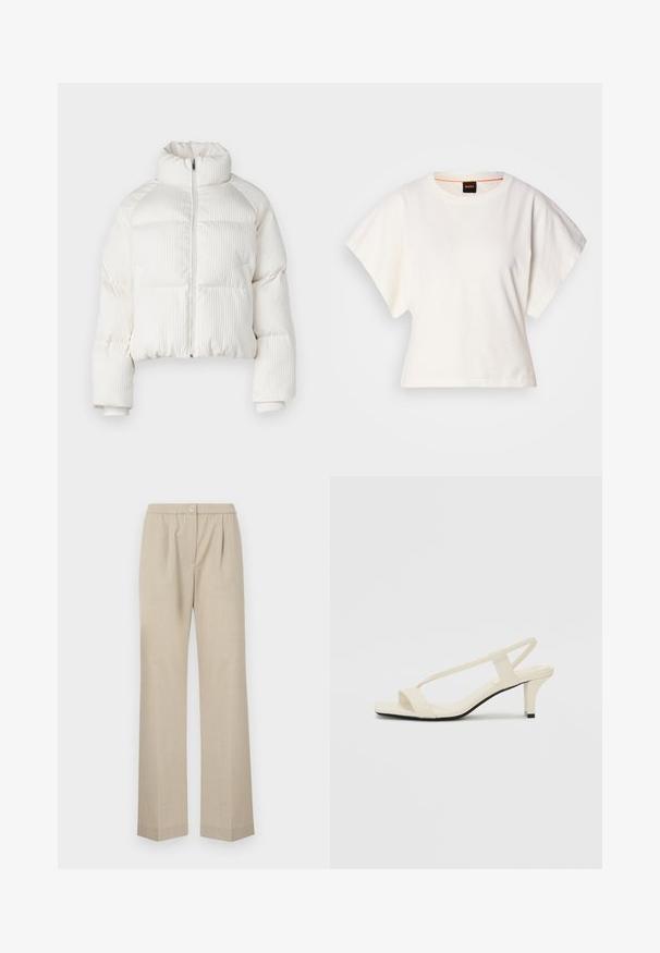 Jachetă puffer albă, scurtă, cu textură verticală și cordon înalt, închidere frontală cu fermoar și manșete elastice. Include buzunare laterale.; Tricou alb scurt, cu mâneci scurte și largi, din bumbac moale, cu decolteu rotund și un finisaj subtil portocaliu, design minimalist, fără modele sau grafice.; Pantaloni bej deschis cu croială dreaptă, talie elastică și un detaliu cu un singur nasture în față. Realizați dintr-un material texturat.; Sandale bej cu toc bloc, cu bretele subțiri și vârf pătrat. Material neted cu detalii minime, concepute pentru a fi ușor de purtat.