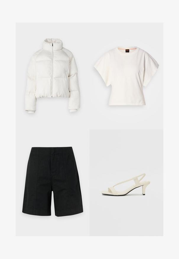 Bela skrajšana puhovka z vertikalno rebrasto teksturo, visokim ovratnikom, sprednjim zadrgo ter elastičnimi manšetami. Ima stranske žepe.; Bela skrajšana majica s kratkimi širokimi rokavi, mehka bombažna tkanina, okrogla ovratnica z diskretnim oranžnim robom, minimalističen dizajn, brez vzorcev ali grafike.; Črne prirejene kratke hlače iz lahkega materiala, ki se ponašajo s strukturiranim dizajnom z navpičnimi črtami in ravnim robom. Žepi niso vidni.; Bež sandale z blok peto, tankimi trakovi in kvadratnim prstom. Gladek material z minimalnim okrasjem, zasnovan za enostavno nošenje.