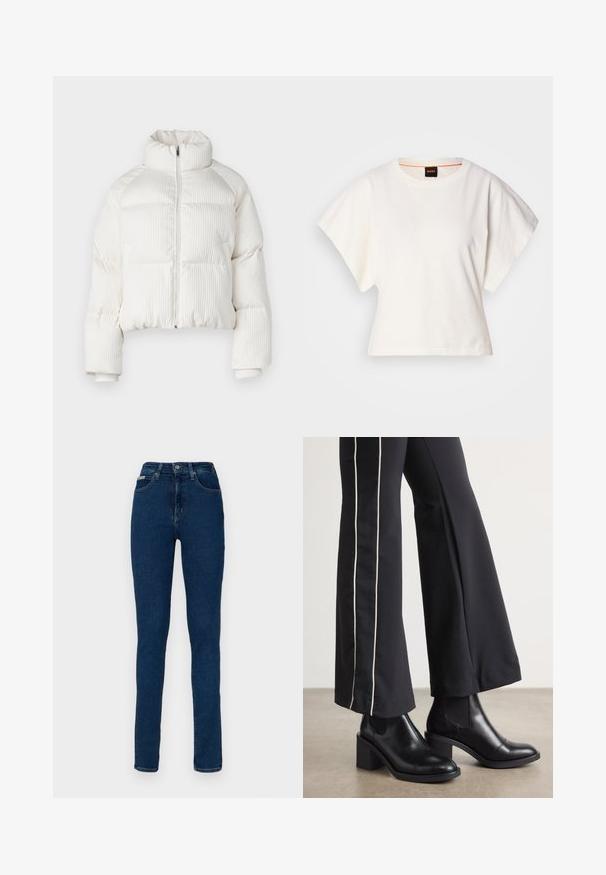 Bela skrajšana puhovka z vertikalno rebrasto teksturo, visokim ovratnikom, sprednjim zadrgo ter elastičnimi manšetami. Ima stranske žepe.; Bela skrajšana majica s kratkimi širokimi rokavi, mehka bombažna tkanina, okrogla ovratnica z diskretnim oranžnim robom, minimalističen dizajn, brez vzorcev ali grafike.; Temno modri visokorasli kavbojke iz denima. Imajo ravno nogavico, zanke za pas, sprednje žepe in kovinski gumb za zapiranje.; Črne usnjene gležnjarje s blok peto, z elastičnimi stranskimi paneli. Kombinirane s črnimi hlačami, ki imajo bele stranske črte.