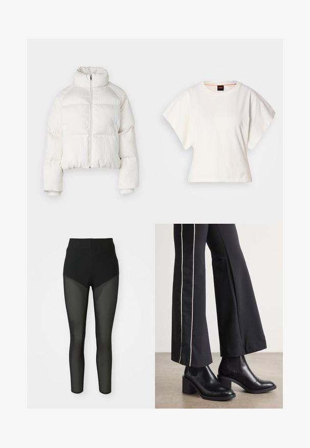 Fehér, rövidített puffermellény függőleges bordás textúrával, magas gallérral, elöl cipzárral, és elasztikus mandzsettákkal. Oldalsó zsebekkel rendelkezik.; Fehér, rövid, bő ujjú, crop szabású póló, puha pamut anyagból, kerek nyakkivágással, finom narancssárga díszítéssel, minimalista dizájn, minta vagy grafika nélkül.; Fekete, magas derekú leggingek, félig átlátszó hálós panelek elöl a combokon és az alsó lábszáron, varrás nélküli dizájn, testhez simuló sziluett.; Fekete bőr bokacsizma, tömbsarkúval, oldalán rugalmasszal ellátott panelek találhatók. Fekete nadrággal párosítva, amelynek fehér oldalsávja van.