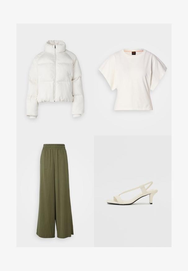 Veste courte en duvet blanche avec texture côtelée verticale, col haut, fermeture éclair à l'avant et poignets élastiques. Comprend des poches latérales.; T-shirt blanc cintré, manches courtes et larges, en coton doux, décolleté rond avec une discrète bordure orange, design minimaliste, sans motifs ni graphiques.; DRYKORN CEILING - Pantalon classique - green; Sandales beiges à talons carrés avec des fines brides et un bout carré. Matière lisse avec des détails minimaux, conçues pour un port facile.