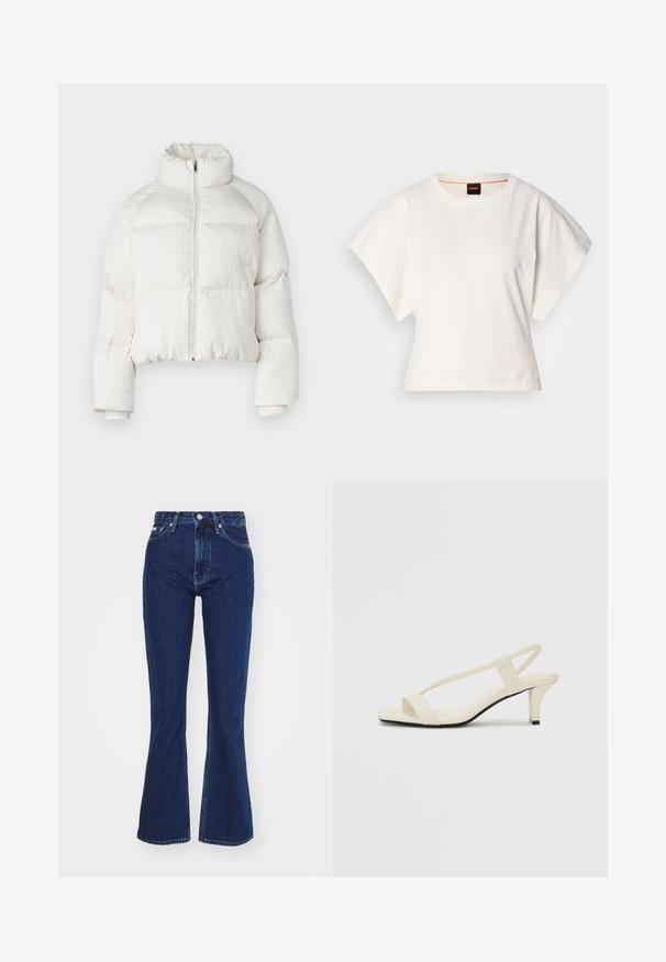 Biała krótka kurtka puchowa z pionowym prążkowanym wzorem, wysokim kołnierzem, zapięciem na zamek z przodu i elastycznymi mankietami. Posiada boczne kieszenie.; Biała, krótka koszulka z szerokimi rękawami, wykonana z miękkiej bawełny, okrągły dekolt z delikatnym pomarańczowym wykończeniem, minimalistyczny design, bez wzorów i grafik.; Granatowe dzwony wykonane z denimu, z wysokim stanem, zapinane na zamek i guzik, z pięcioma kieszeniami i delikatnym efekt nażółcenia.; Beżowe sandały na blokowym obcasie z cienkimi ramiączkami i kwadratowym noskiem. Gładki materiał z minimalną ilością detali, zaprojektowane z myślą o łatwym zakładaniu.