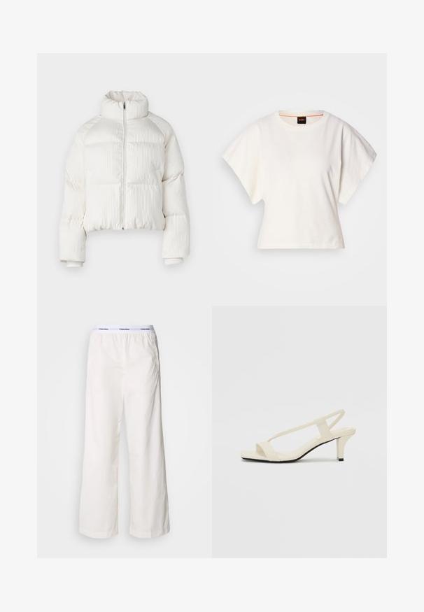 Veste courte en duvet blanche avec texture côtelée verticale, col haut, fermeture éclair à l'avant et poignets élastiques. Comprend des poches latérales.; T-shirt blanc cintré, manches courtes et larges, en coton doux, décolleté rond avec une discrète bordure orange, design minimaliste, sans motifs ni graphiques.; Pantalons larges blancs avec une taille élastique arborant un logo Calvin Klein en contraste. Fabriqués à partir d'un tissu lisse, ils offrent une coupe décontractée.; Sandales beiges à talons carrés avec des fines brides et un bout carré. Matière lisse avec des détails minimaux, conçues pour un port facile.