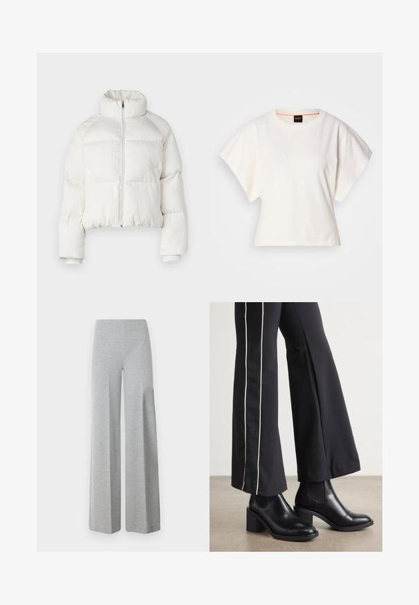 White cropped puffer jacket with vertical ribbed texture, high collar, front zip closure, and elastic cuffs. Features side pockets.; White cropped T-shirt, short wide sleeves, soft cotton material, round neckline with subtle orange trim, minimal design, no patterns or graphics.; Gray wide-leg trousers made of soft, stretchy fabric. Features a high waist and a smooth, minimal design without additional details.; Black leather ankle boots with a block heel, featuring elastic side panels. Paired with black pants that have a white side stripe.
