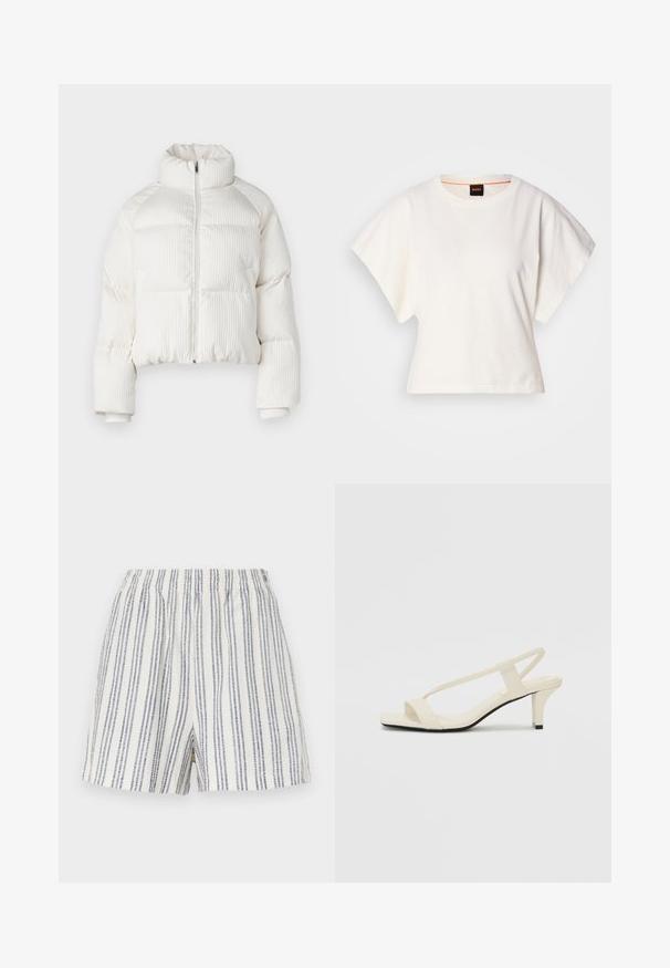 Witte cropped pufferjack met verticale ribbeltextuur, hoge kraag, ritssluiting aan de voorkant en elastische manchetten. Bevat zijzakken.; Witte gecropte T-shirt, korte brede mouwen, zachte katoenmaterialen, ronde halslijn met subtiele oranje rand, minimalistisch ontwerp, geen patronen of graphics.; Gestreepte shorts van een lichtgewicht stof, met verticale blauwe en witte strepen, een elastische tailleband en een ontspannen snit.; Beige blockhak sandalen met dunne bandjes en een vierkante neus. Glad materiaal met minimale details, ontworpen voor eenvoudig dragen.