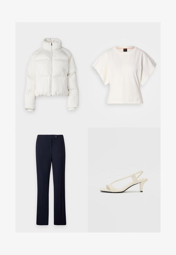 Fehér, rövidített puffermellény függőleges bordás textúrával, magas gallérral, elöl cipzárral, és elasztikus mandzsettákkal. Oldalsó zsebekkel rendelkezik.; Fehér, rövid, bő ujjú, crop szabású póló, puha pamut anyagból, kerek nyakkivágással, finom narancssárga díszítéssel, minimalista dizájn, minta vagy grafika nélkül.; Sötétkék, szabott nadrág sima szövetből, lapos elülső résszel, egyenes lábakkal és diszkrét ezüst díszítéssel a deréknál.; Beige színű, blokksarkú szandálok vékony pántokkal és négyzet alakú orral. Simább anyag, minimális részletezéssel, amely könnyű viselésre lett tervezve.