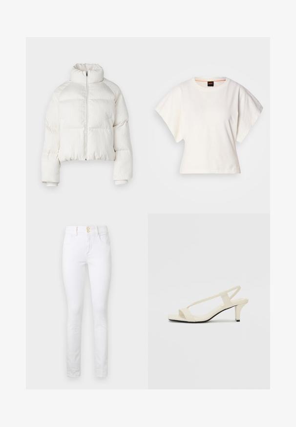 Jachetă puffer albă, scurtă, cu textură verticală și cordon înalt, închidere frontală cu fermoar și manșete elastice. Include buzunare laterale.; Tricou alb scurt, cu mâneci scurte și largi, din bumbac moale, cu decolteu rotund și un finisaj subtil portocaliu, design minimalist, fără modele sau grafice.; Blugi skinny din denim alb, cu talie înaltă, două buzunare frontale și accente de nasturi aurii. Textură netedă cu un design clasic cu cinci buzunare.; Sandale bej cu toc bloc, cu bretele subțiri și vârf pătrat. Material neted cu detalii minime, concepute pentru a fi ușor de purtat.