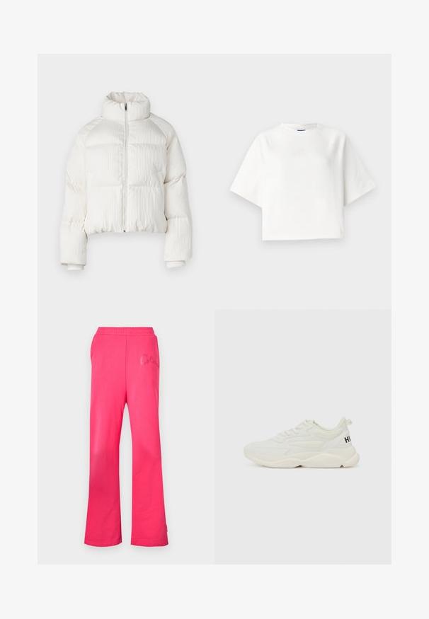 Weißer, gekürzter Pufferjacke mit vertikaler gerippter Textur, hohem Kragen, Frontreißverschluss und elastischen Bündchen. Mit seitlichen Taschen.; Weiße, übergroße T-Shirt mit kurzen Raglanärmeln aus weichem Stoff. Verfügt über ein dezentes Logo auf der Brust und einen runden Ausschnitt.; Fuchsiafarbene Hose mit lockerer Passform, gefertigt aus weichem Baumwollstoff. Sie verfügt über einen elastischen Bund und eine gestickte Logodetail auf der Vorderseite.; Weiße Sportsneaker aus einer Mischung aus glatten und strukturierten Materialien. Mit einer robusten Sohle und dem „HUGO“-Logo an der Ferse. Schnürdesign.