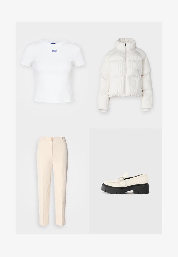 Bela skrajšana puhovka z vertikalno rebrasto teksturo, visokim ovratnikom, sprednjim zadrgo ter elastičnimi manšetami. Ima stranske žepe.; Bela bombažna majica s kratkimi rokavi, okrog limenim izrezom in modrim pravokotnim logotipom, ki na sredi spredaj piše "HUGO".; Kremne hlače z visokim pasom, izdelane iz teksturirane tkanine. Imajo sprednje zapiranje na gumb in ožje noge.; Bela usnjena loafer čevlja z debelim črnim podplatom, ki ima pravokotno srebrno zaponko in vidne šive na zgornjem delu.