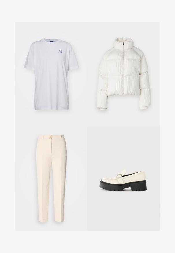 Valkoinen lyhyt puffatakkia, jossa on pystyribattu pinta, korkea kaulus, etuvetoketjukiinnitys ja elastiset hihansuut. Varustettu sivutaskuilla.; Valkoinen puuvillainen t-paita lyhyillä hihoilla, pyöreällä kaula-aukolla ja sinisellä hymyilevällä kasvo-logolla vasemmalla rintapielessä. Yksinkertainen kangas ilman kuvioita.; Kermanväriset, korkeavyötäröiset housut, jotka on valmistettu teksturoidusta kankaasta. Ominaisuuksia etunappi ja kapenevat lahkeet.; Valkoinen nahkainen loafers-kengät, joissa on paksu musta pohja, esillä suorakaiteen muotoinen hopeinen solki ja näkyvät ompelusaumat päällä.