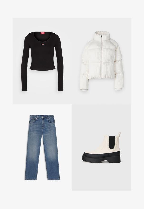 Weißer, gekürzter Pufferjacke mit vertikaler gerippter Textur, hohem Kragen, Frontreißverschluss und elastischen Bündchen. Mit seitlichen Taschen.; Schwarzes Langarm-Crop-Top aus geripptem Stoff. Verfügt über einen Rundhalsausschnitt und ein kleines rot-weißes Logopatch auf der Brust.; Hellblaue Denim-Jeans mit geradem Schnitt, fünf Taschen und dezentem Used-Look. Sie verfügen über einen Standardbund und kontrastierende Nähte.; Klüpfende Plattform-Stiefeletten mit einem weißen Obermaterial, schwarzer Gummisohle und kontrastierenden schwarzen elastischen Seitenpaneelen. Kunstpelzbesatz am oberen Rand.