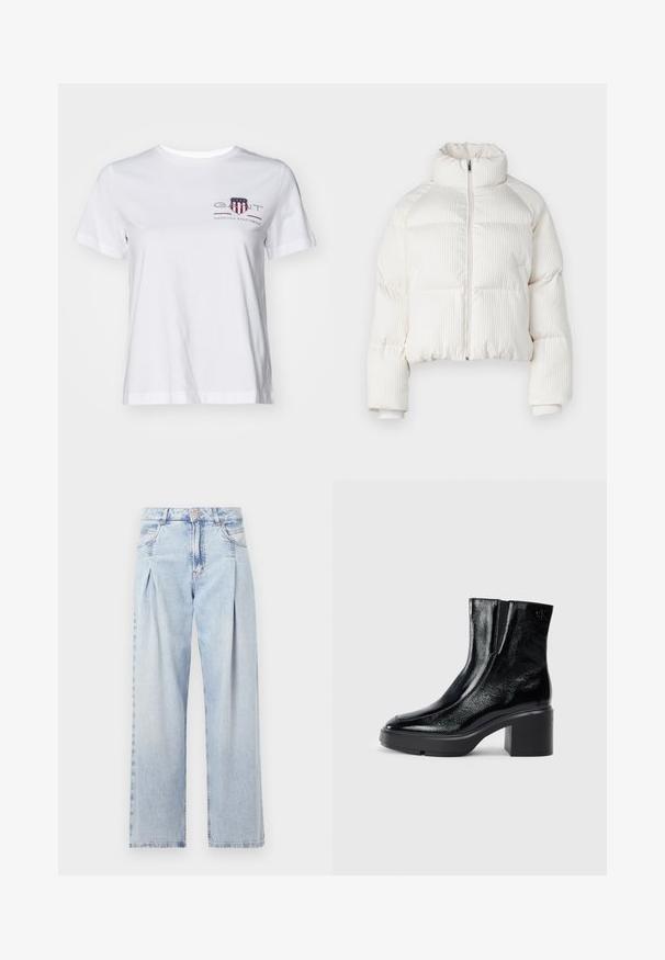 Balta trumpa pūkinė striukė su vertikaliu raukšlėtu paviršiumi, aukštu apykakle, priekyje užtrauktuku ir elastingais rankogaliais. Su šoninėmis kišenėmis.; Balta medvilninė marškinėliai su trumpomis rankovėmis, apvaliu kaklu ir raudona bei mėlyna siuvinėta logotipu kairėje pusėje. Lygus paviršius, laisvas fasonas.; Šviesiai mėlyni džinsai su aukštu liemeniu, plačiomis kojomis, dviem šoninėmis kišenėmis ir raukinių dizainu. Minkšta tekstūra su nudilusia apdaila.; Juodi lakiniai auliniai batai iki kulkšnies, su išlenktu pirštu, elastinėmis šoninėmis panelėmis ir masyviu blokuotu kulnu. Apdailoje užpakalinėje dalyje įspaustas logotipas.