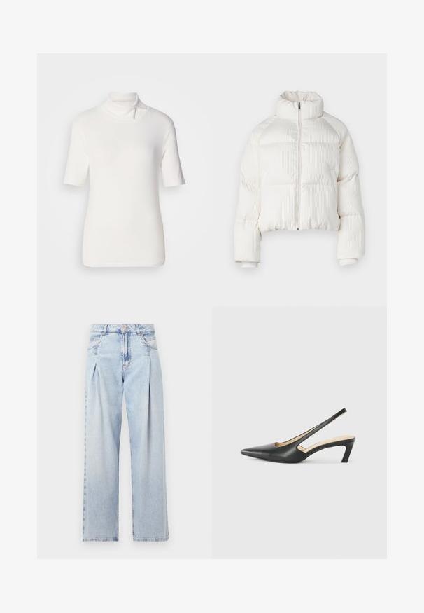 Veste courte en duvet blanche avec texture côtelée verticale, col haut, fermeture éclair à l'avant et poignets élastiques. Comprend des poches latérales.; Haut à col roulé blanc à manches courtes, fabriqué en tissu extensible, présentant un col haut avec un détail de fermeture éclair au niveau du décolleté.; Jeans en denim bleu clair avec taille haute, coupe large, deux poches latérales et design plissé. Texture douce avec une finition décolorée.; Slingback noir à bout pointu avec un petit talon, en cuir lisse et doté d'un design découpé sur le côté pour plus de respirabilité.