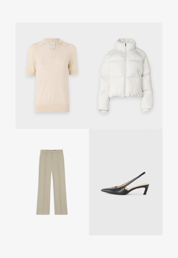 Hvid cropped pufferjakke med vertikal ribbet tekstur, høj krave, lynlås lukning foran og elastiske manchetter. Har sidelommer.; Kræmfarvet kortærmet polo skjorte lavet af blødt stof, med en V-udskæring og et subtilt krave-design.; Beige skræddersyede bukser med vide ben, frontfolder, to vandrette sidelommer og et glat, let tekstureret stof.; Sorte spidse slingback-sko med en lav hæl, lavet af glat læder og med udskæringer på siden for åndbarhed.